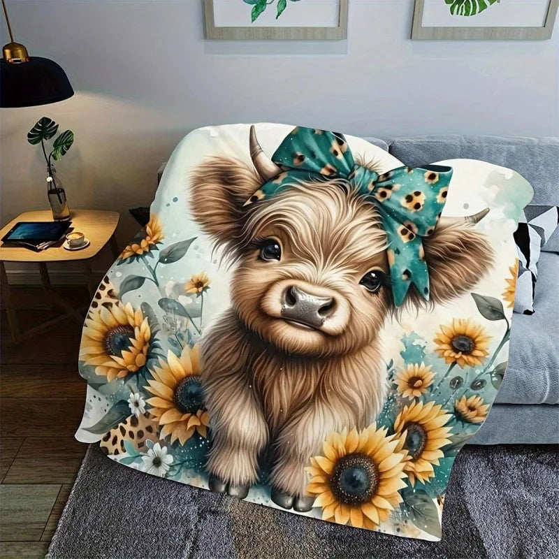Highland Cow and Sunflower Hug Blanket Digital Print Flannel