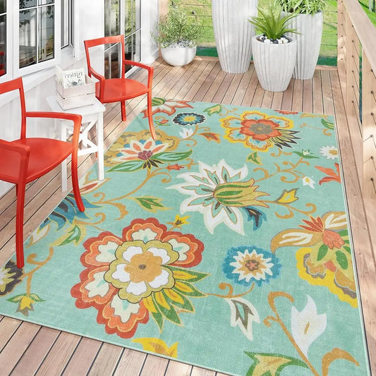 DIXSG Floral Indoor Outdoor Rug Non Slip Portable Patio Carpet