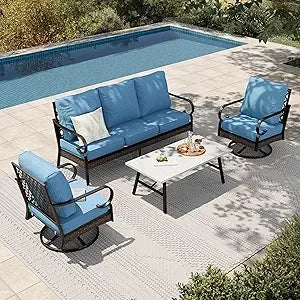 Outdoor 4-Piece Patio Set With Metal And Rattan Rocking Chairs And Marble Table