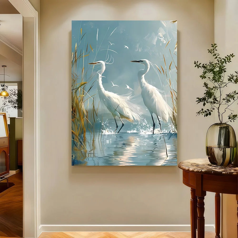 Framed Canvas Wall Art Egret Fishing Scene With Jumping Fish