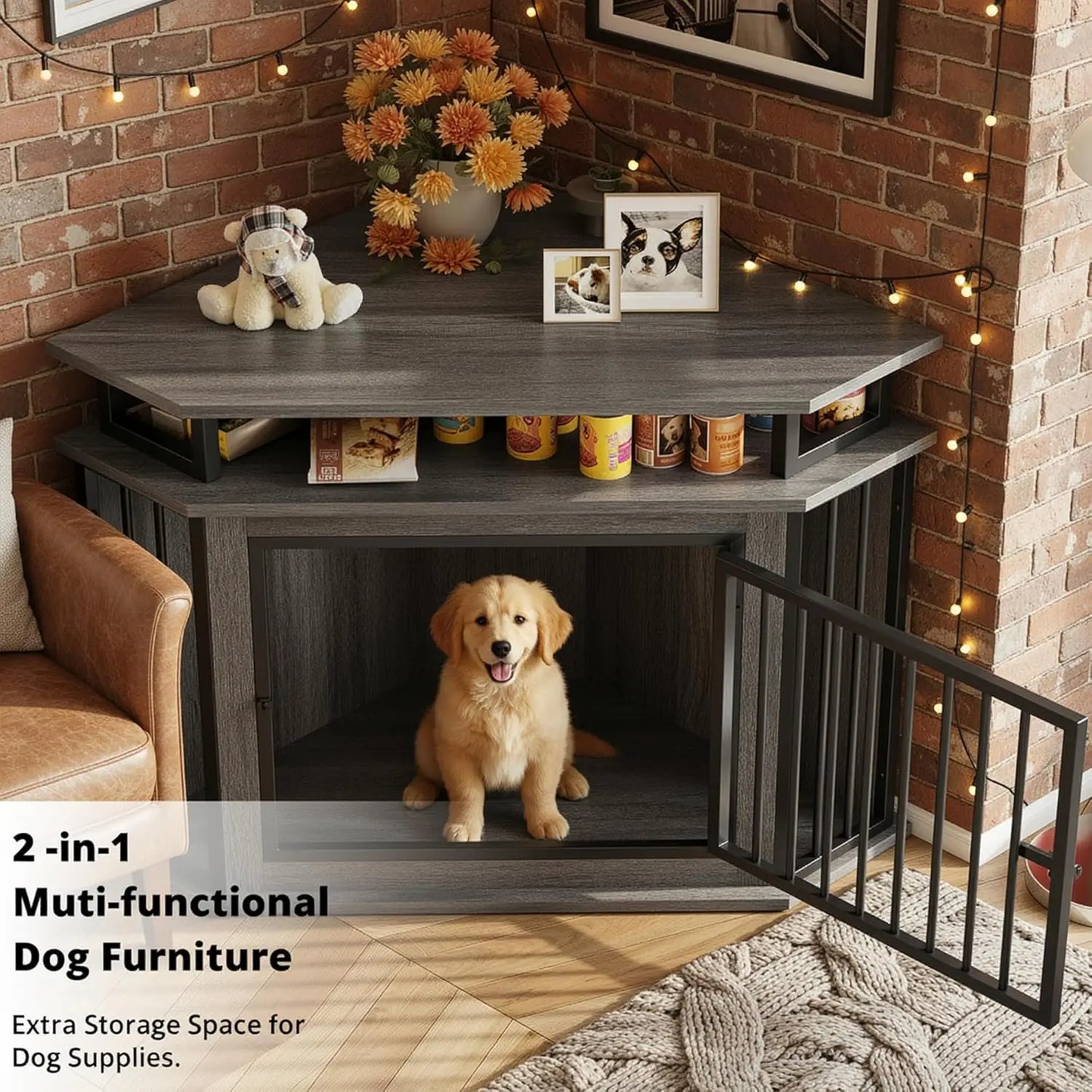 Corner Dog Crate With Two-Tier Shelves For Indoor Use