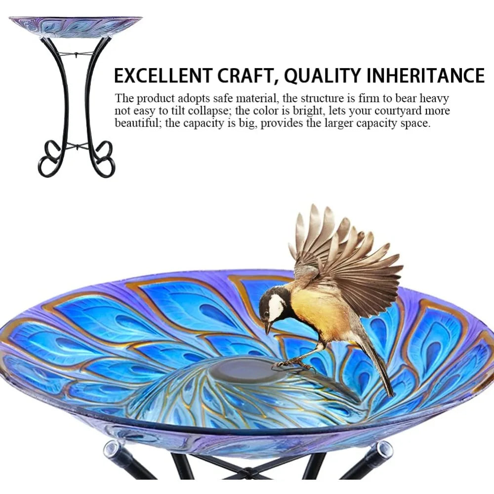 Solar Led Glass Bird Bath With Metal Stand For Garden
