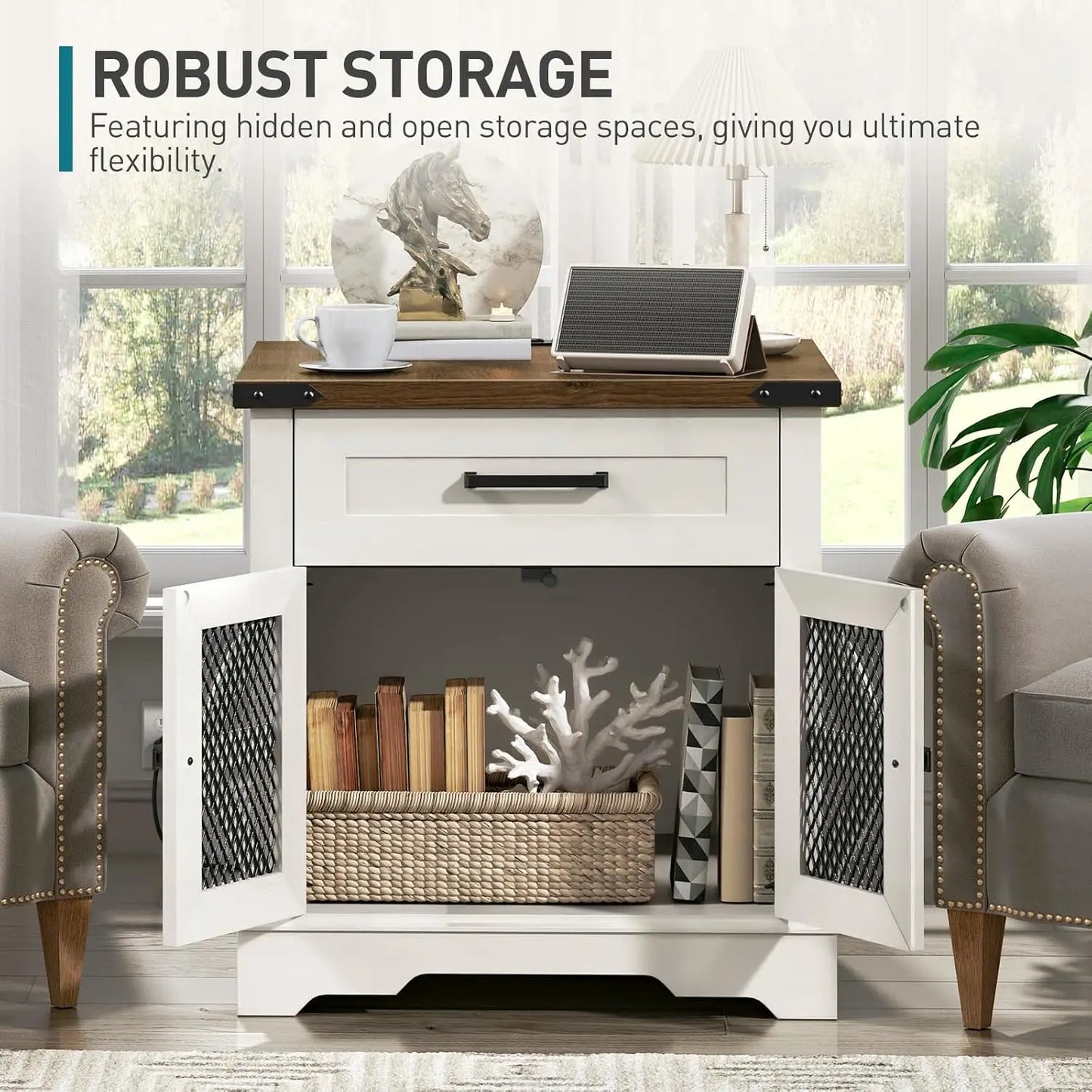 End Table With Charging Station USB Outlet Drawer Wood