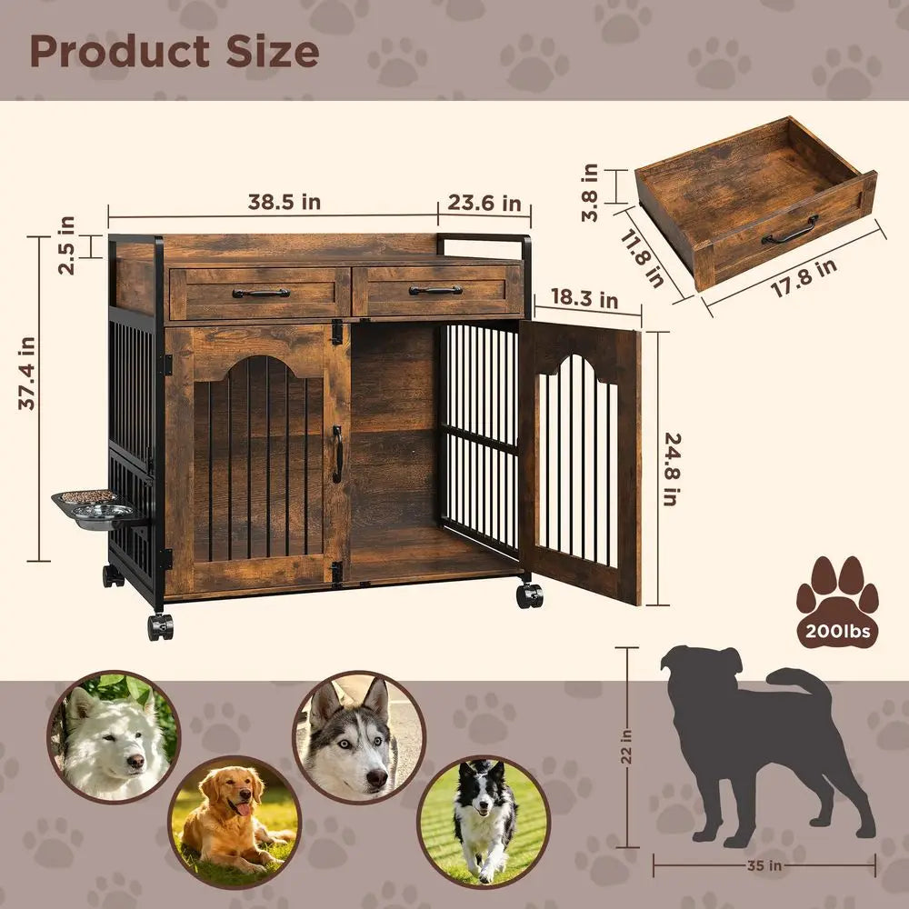 Wooden Dog Crate Furniture Kennel With Two Storage Drawers