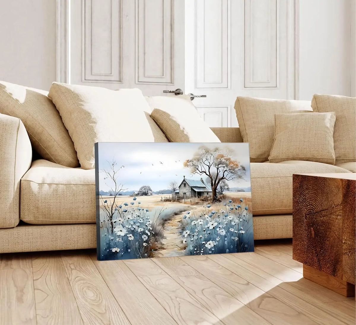 Framed Rustic Farmhouse Canvas Wall Art Wildflowers And Barn Scene