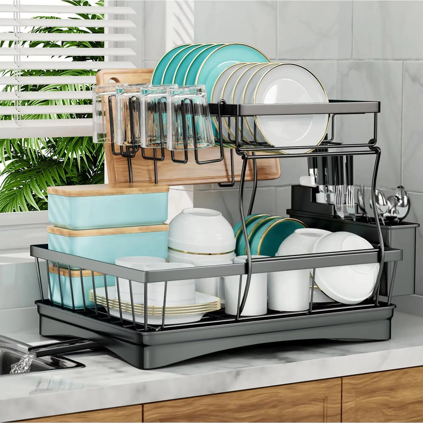 Two-Tier Dish Drying Rack For Kitchen Countertops Removable Large Capacity