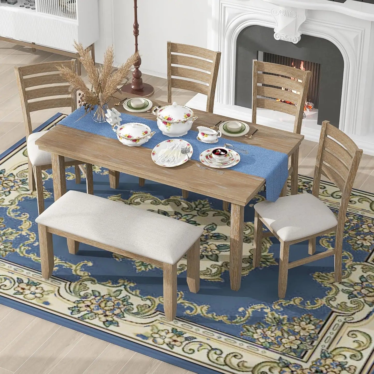 Retro 6-Piece Dining Set With Bench And Four Chairs
