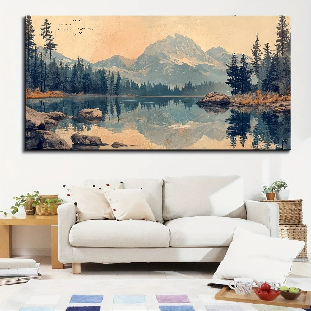 Canvas Mountain Landscape Mural In Pine Wood Frame Waterproof Odorless