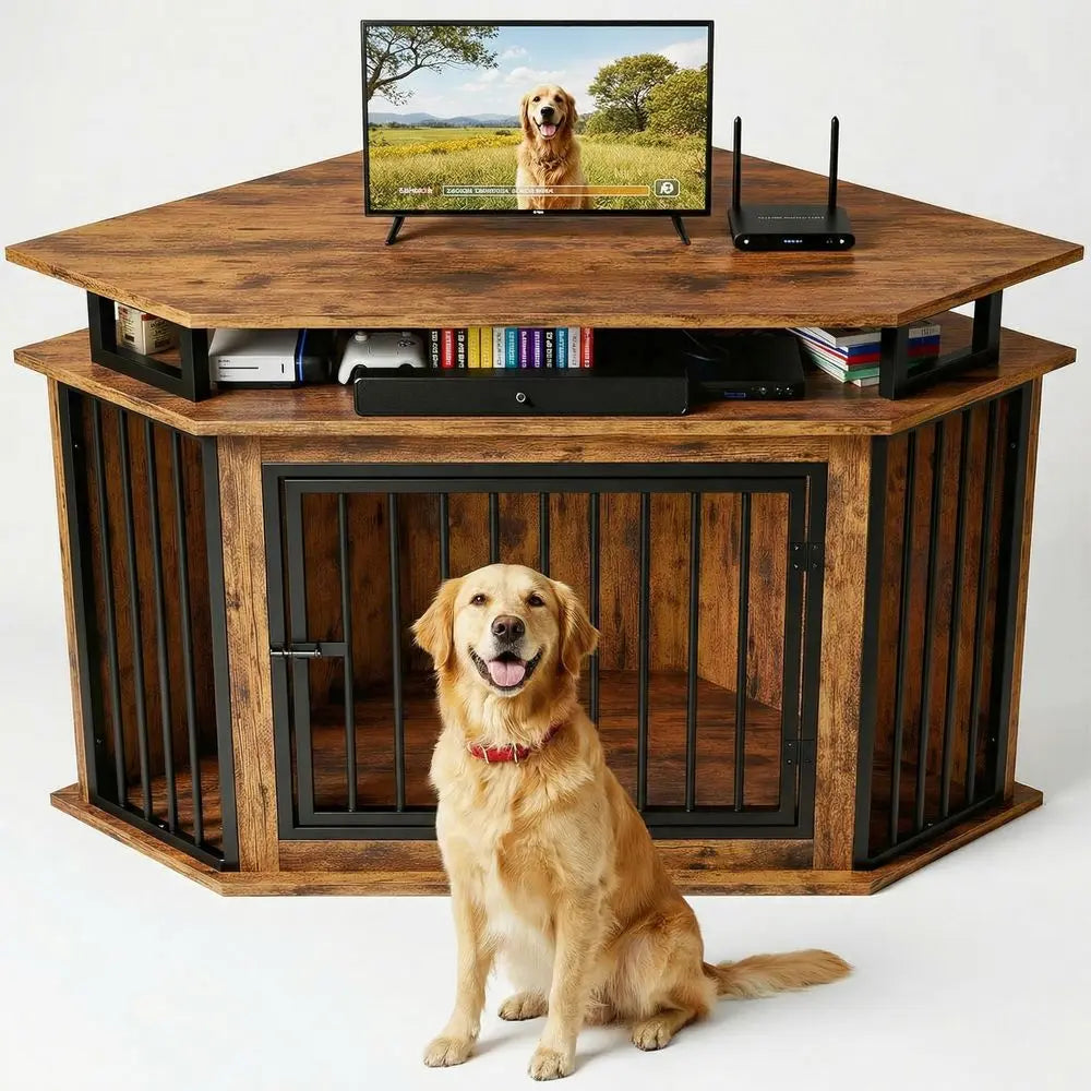 Corner Dog Crate Furniture With Two Tier Shelves For Large Dogs