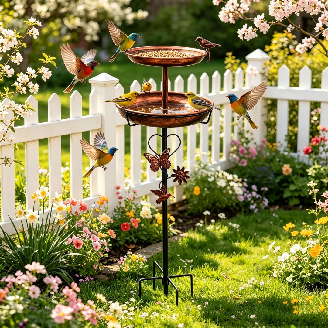 Outdoor Double Layer Bird Feeder and Bird Bath Stand