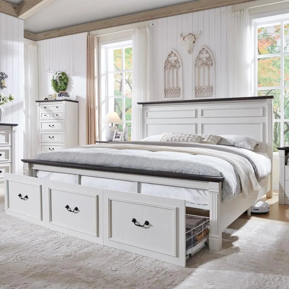 Farmhouse Bed Frame With Tall Headboard And Roman Column Footboard