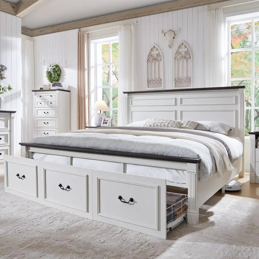Farmhouse Bed Frame With Tall Headboard And Roman Column Footboard