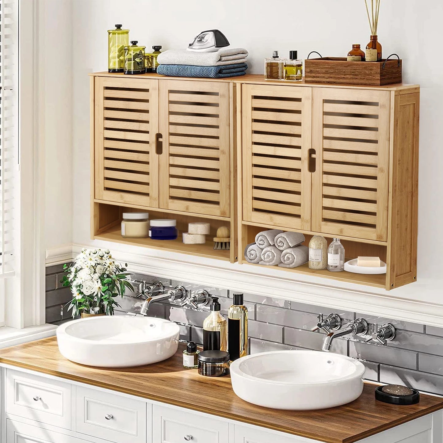 Bamboo Wall Mounted Cabinet With Adjustable Shelves Double Door Medicine Cabinet