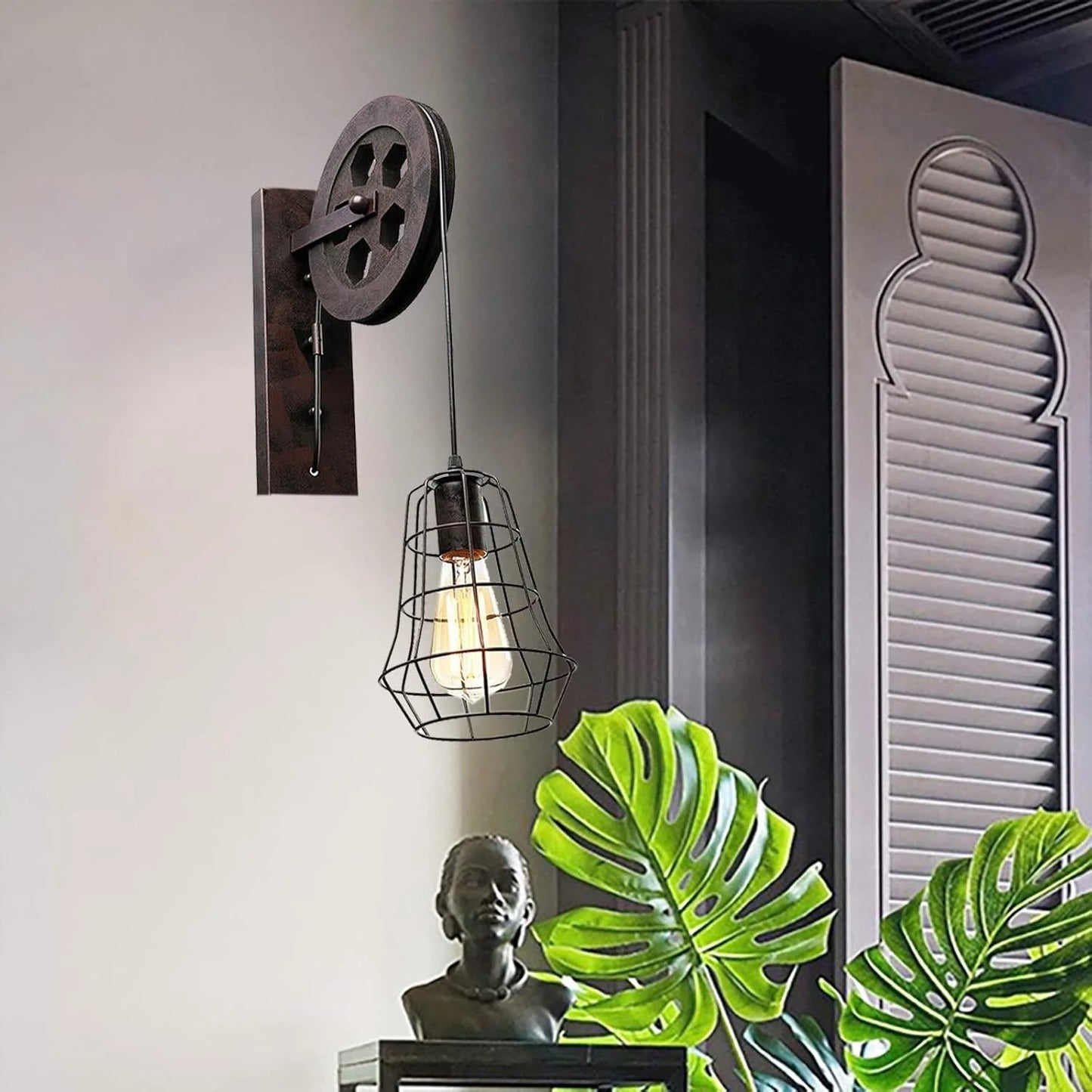 Bymaocar Industrial Wall Sconce Lights Lift Pulley Iron Cage