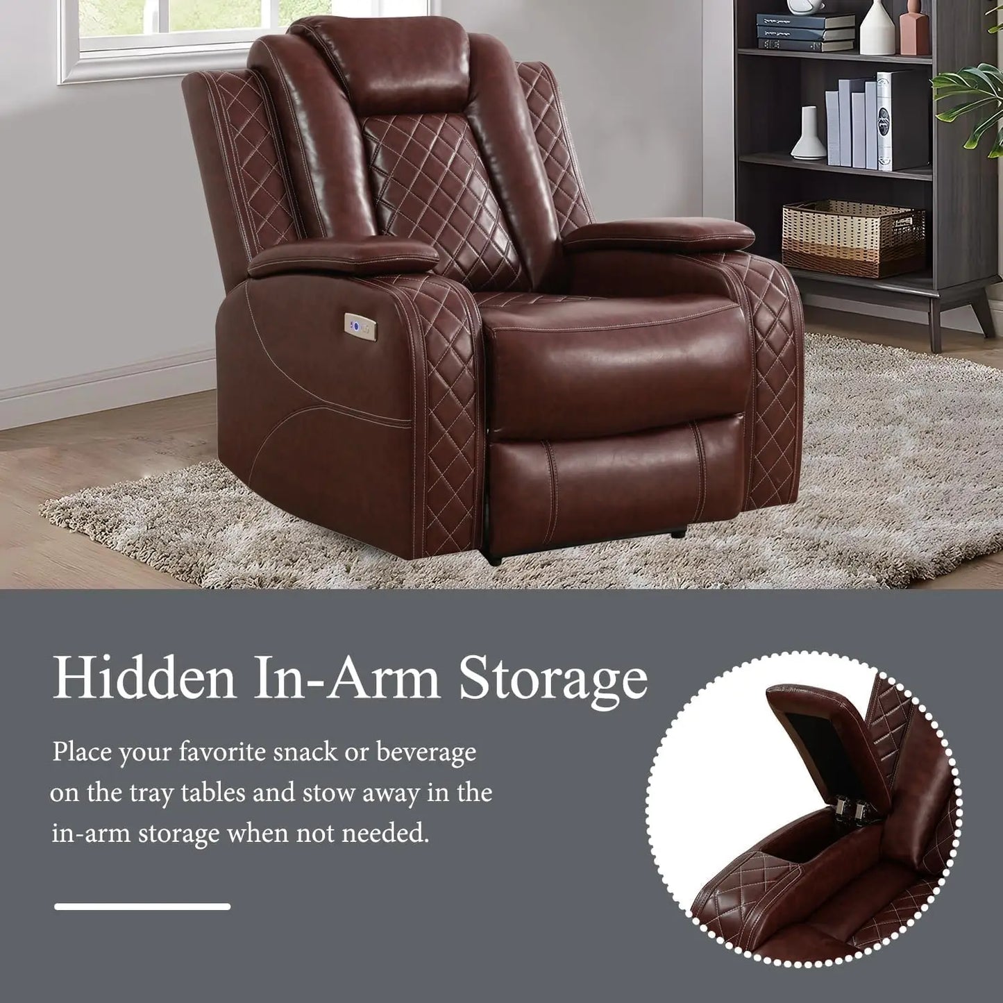 Power Leather Recliner Sofa Set With LED And USB Charging