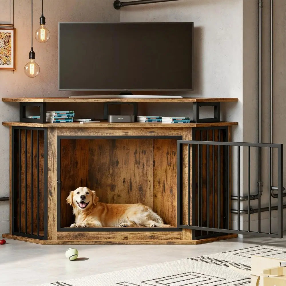 Corner Dog Crate Furniture With Two Tier Shelves For Large Dogs