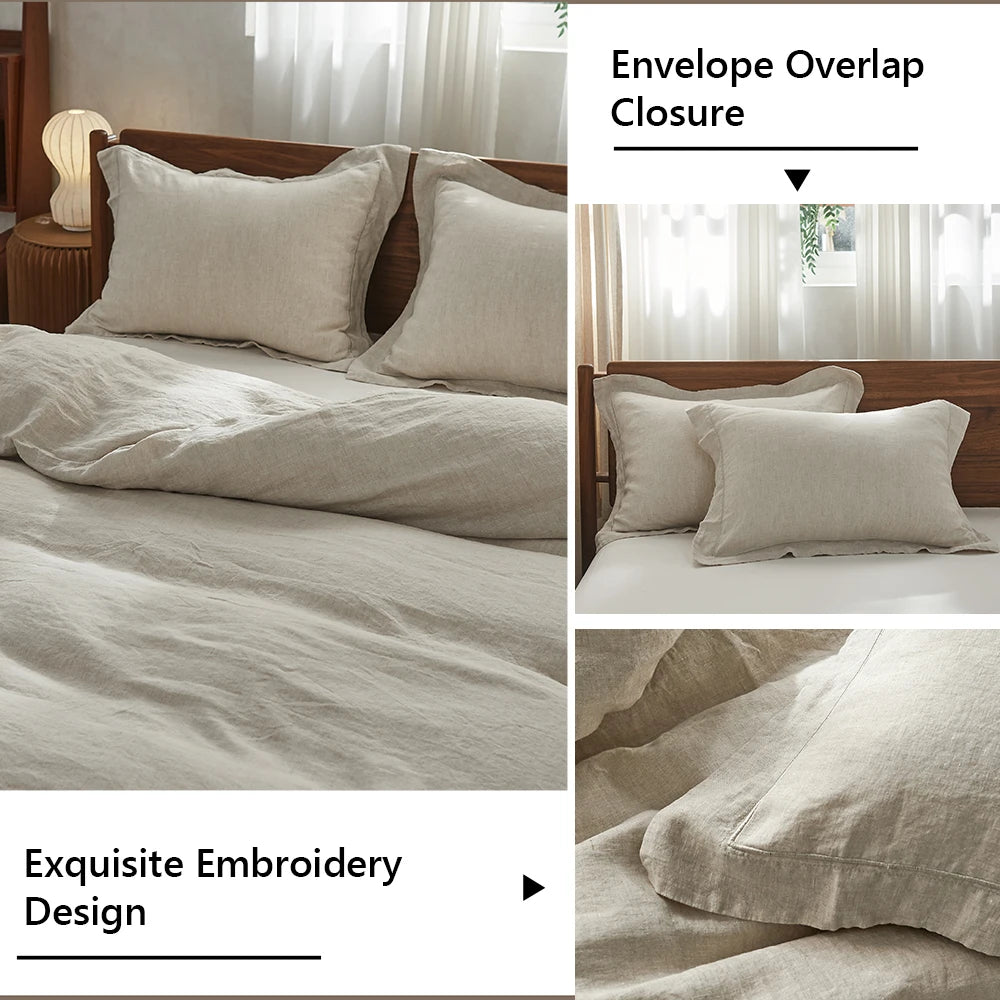 Simple&Opulence Linen Bedding Set With Embroidered Border And Duvet Cover