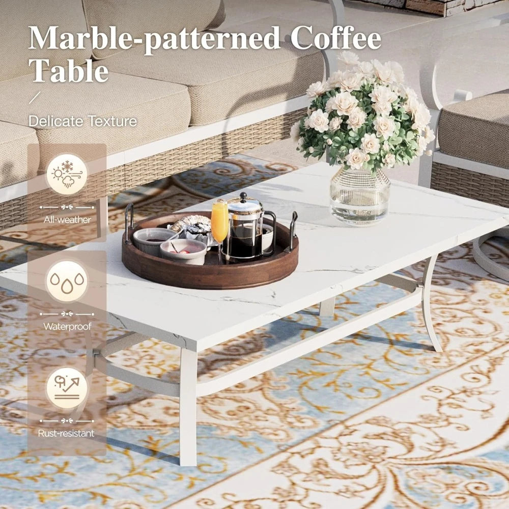 Outdoor 4-Piece Patio Set With Metal And Rattan Rocking Chairs And Marble Table