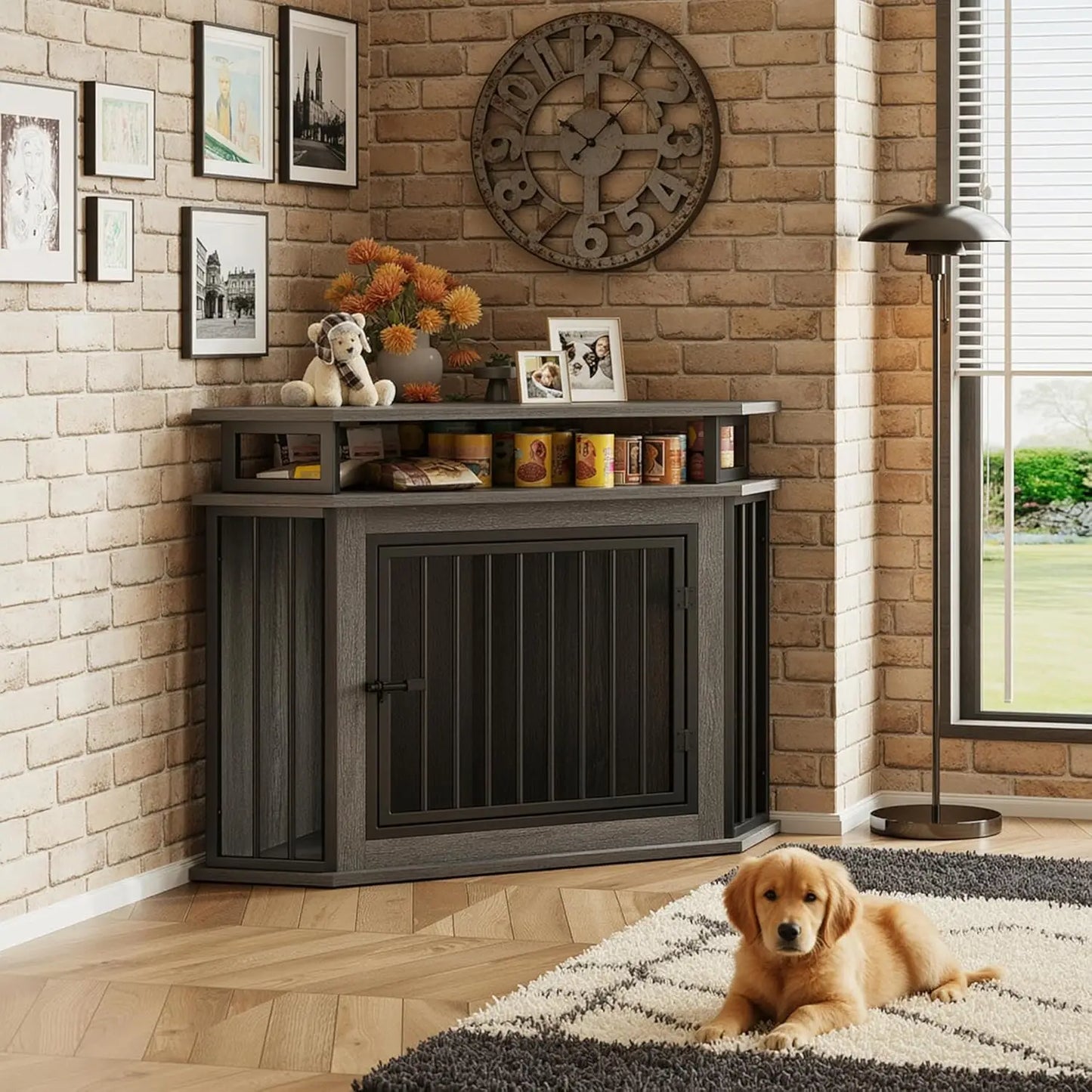 Corner Dog Crate With Two-Tier Shelves For Indoor Use