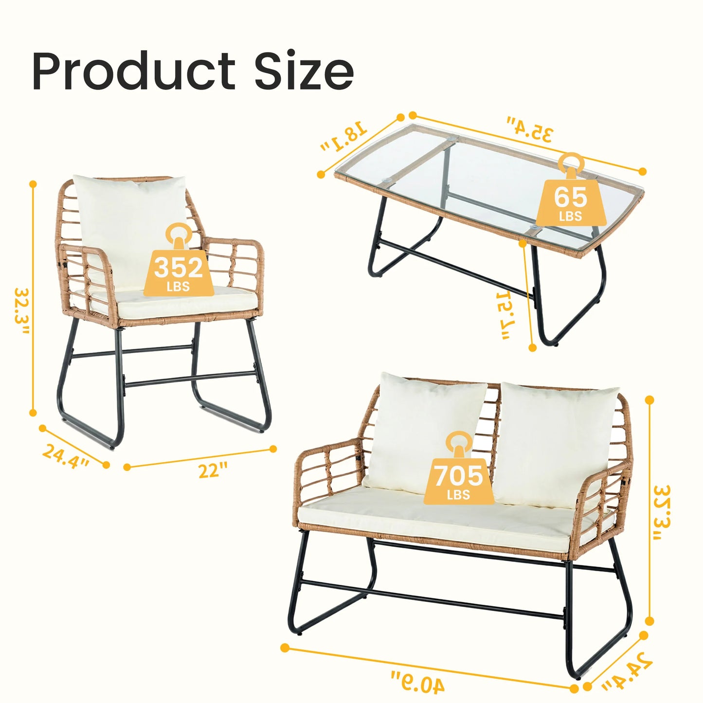Outdoor Wicker Patio Furniture Set 4 Pieces With Glass Table And Cushions