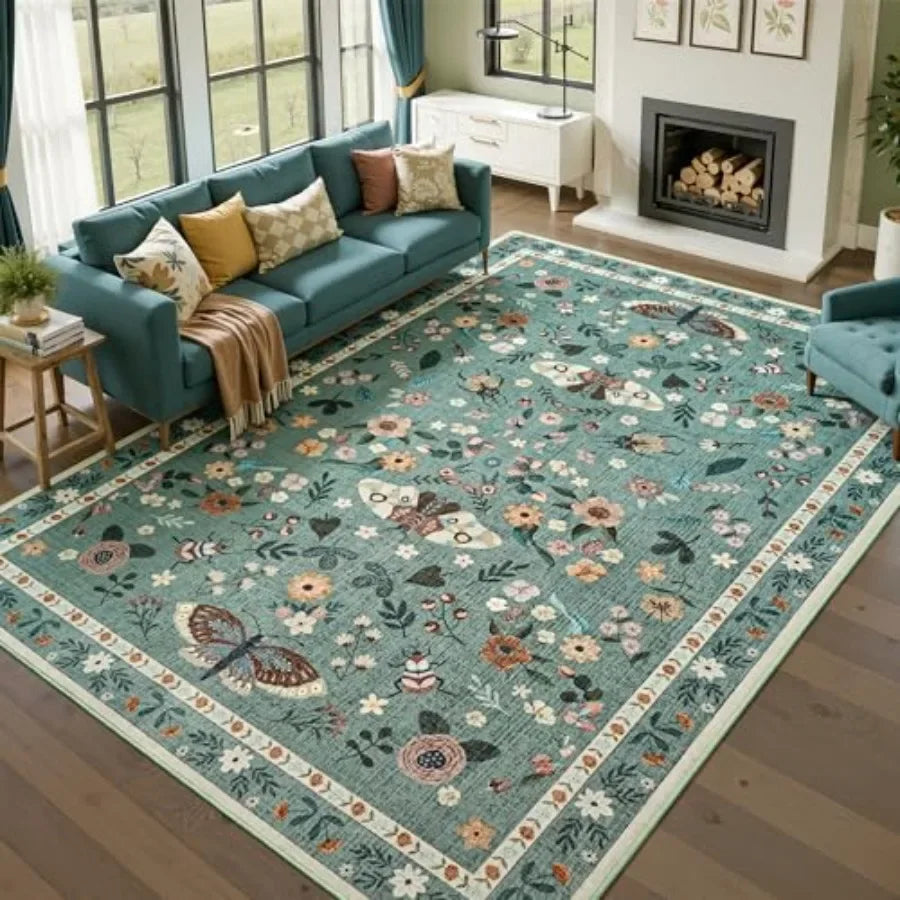 Washable Floral Butterfly Non Slip Area Rug For Living Room