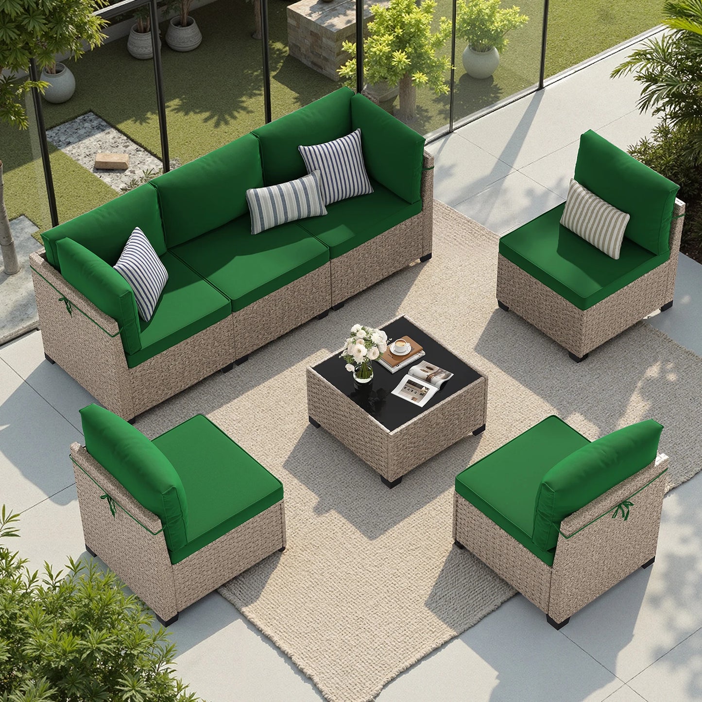 Outdoor Rattan 7-Piece Patio Furniture Set With Tempered Glass Table