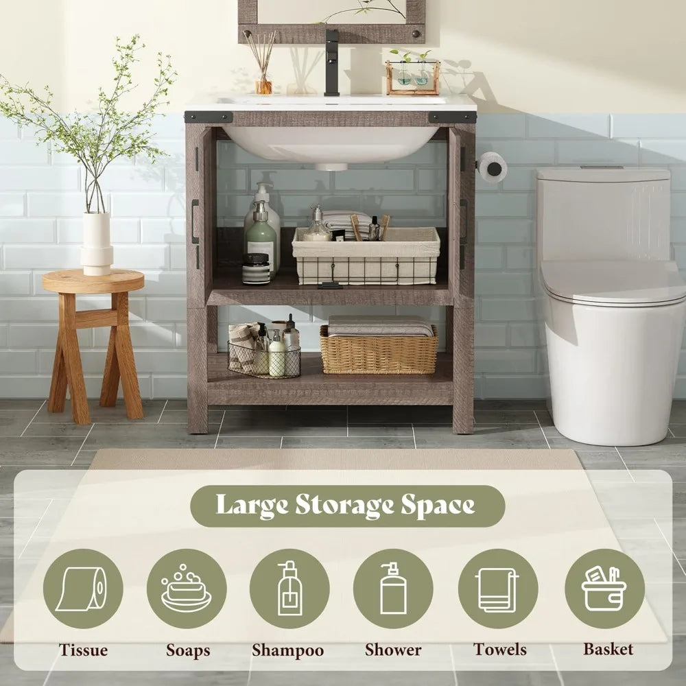 Farmhouse Bathroom Vanity With Sink And Barn Doors Open Shelf