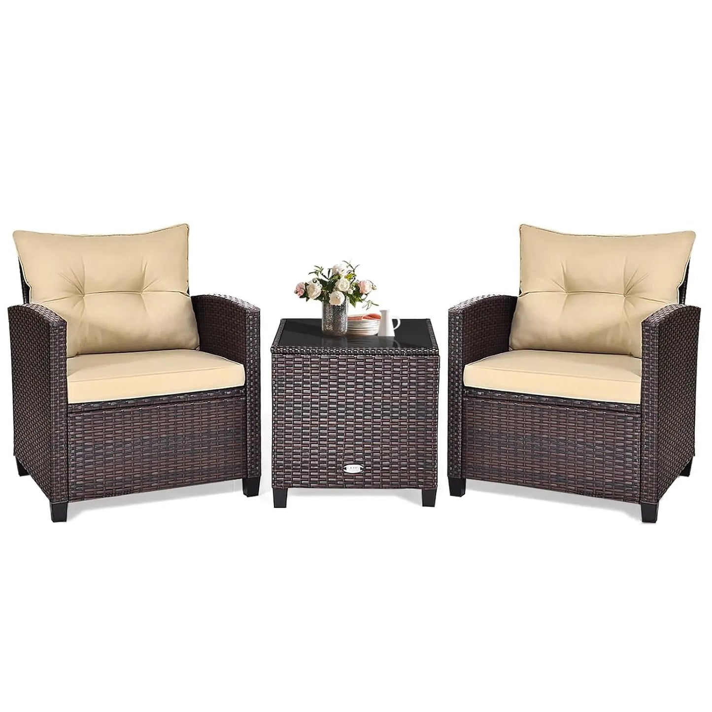 XIAOLANG Outdoor Patio Conversation Set With Washable Cushions Glass Tabletop