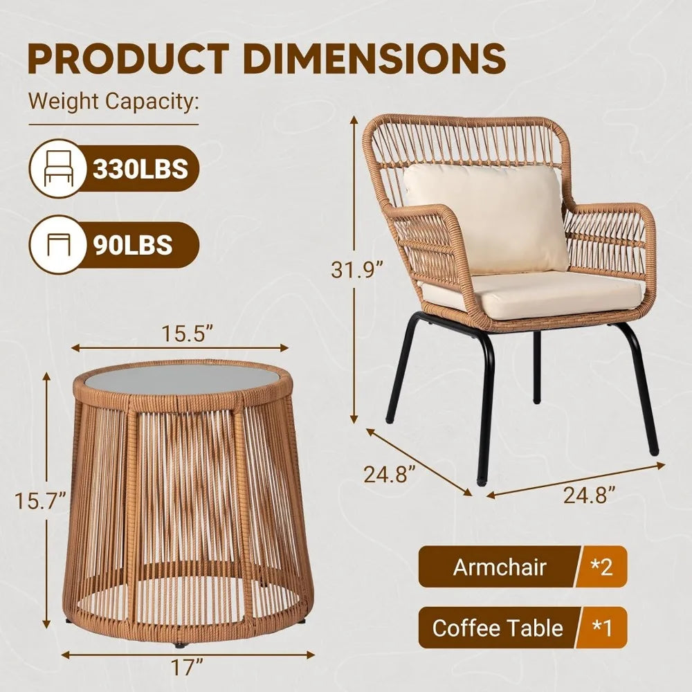 Outdoor Wicker Bistro Set With Glass Table And Two Chairs
