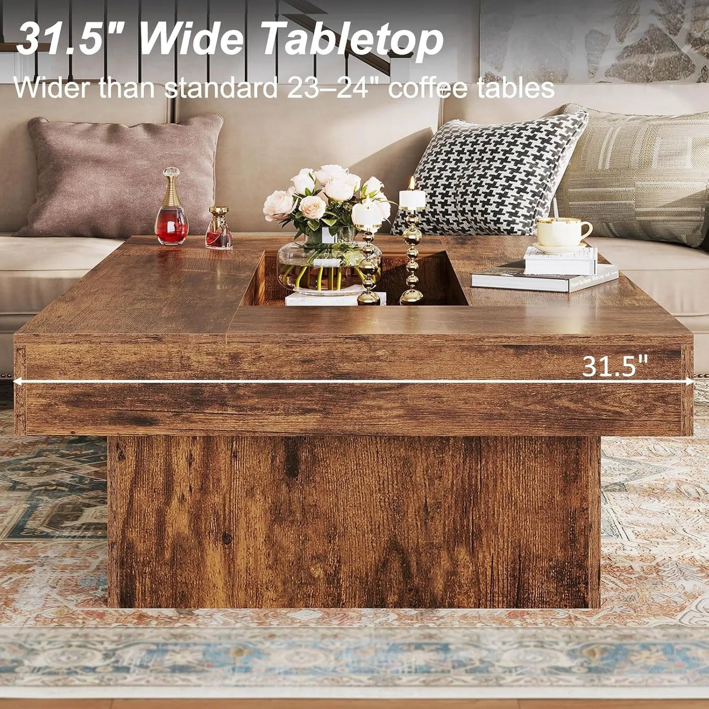 XIUWO Rustic Wood Coffee Table With Storage Featuring LED Light