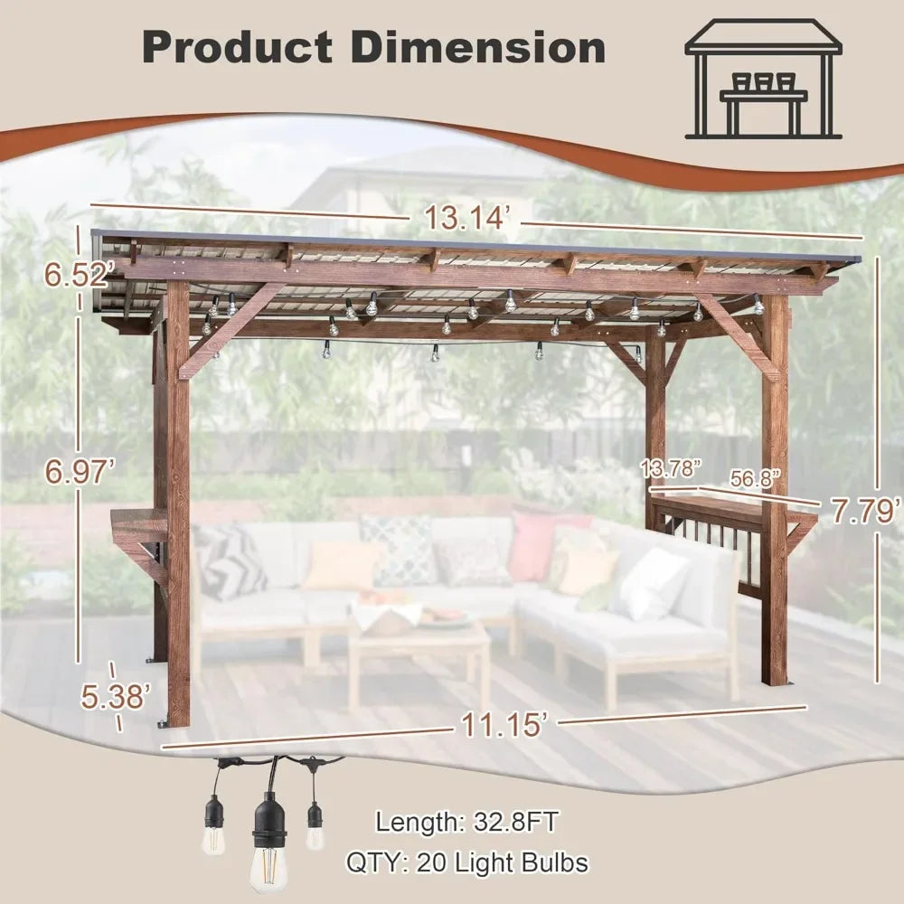 Wooden Pergola Gazebo With Metal Roof And Bar Counters