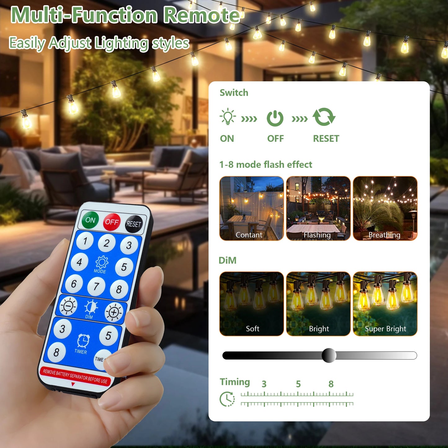 ARLGSITE Solar Outdoor String Lights IP65 Waterproof With Remote Dimming