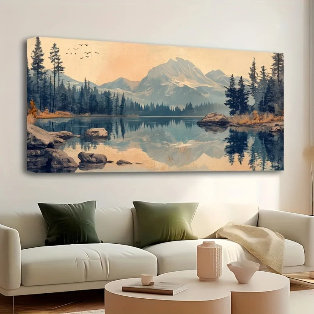 Canvas Mountain Landscape Mural In Pine Wood Frame Waterproof Odorless