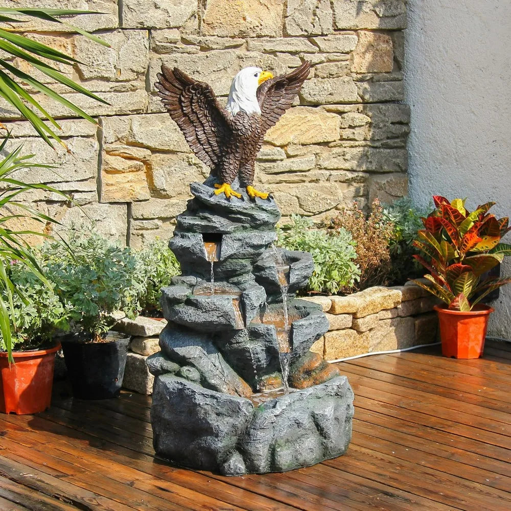 YZM Bald Eagle Outdoor Fountain Tiered Cascading Rock Feature