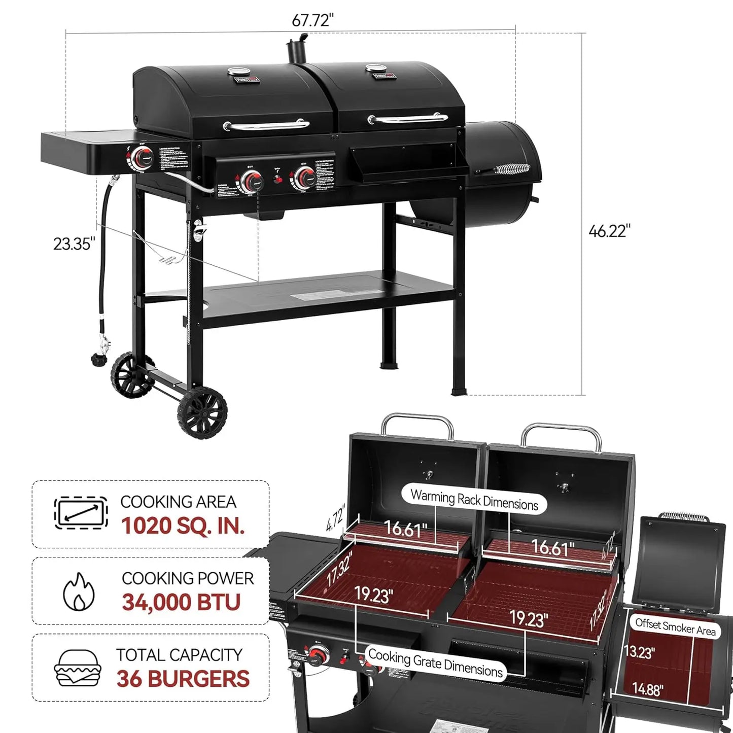Dual Fuel Gas And Charcoal Grill With Offset Smoker And Side Burner