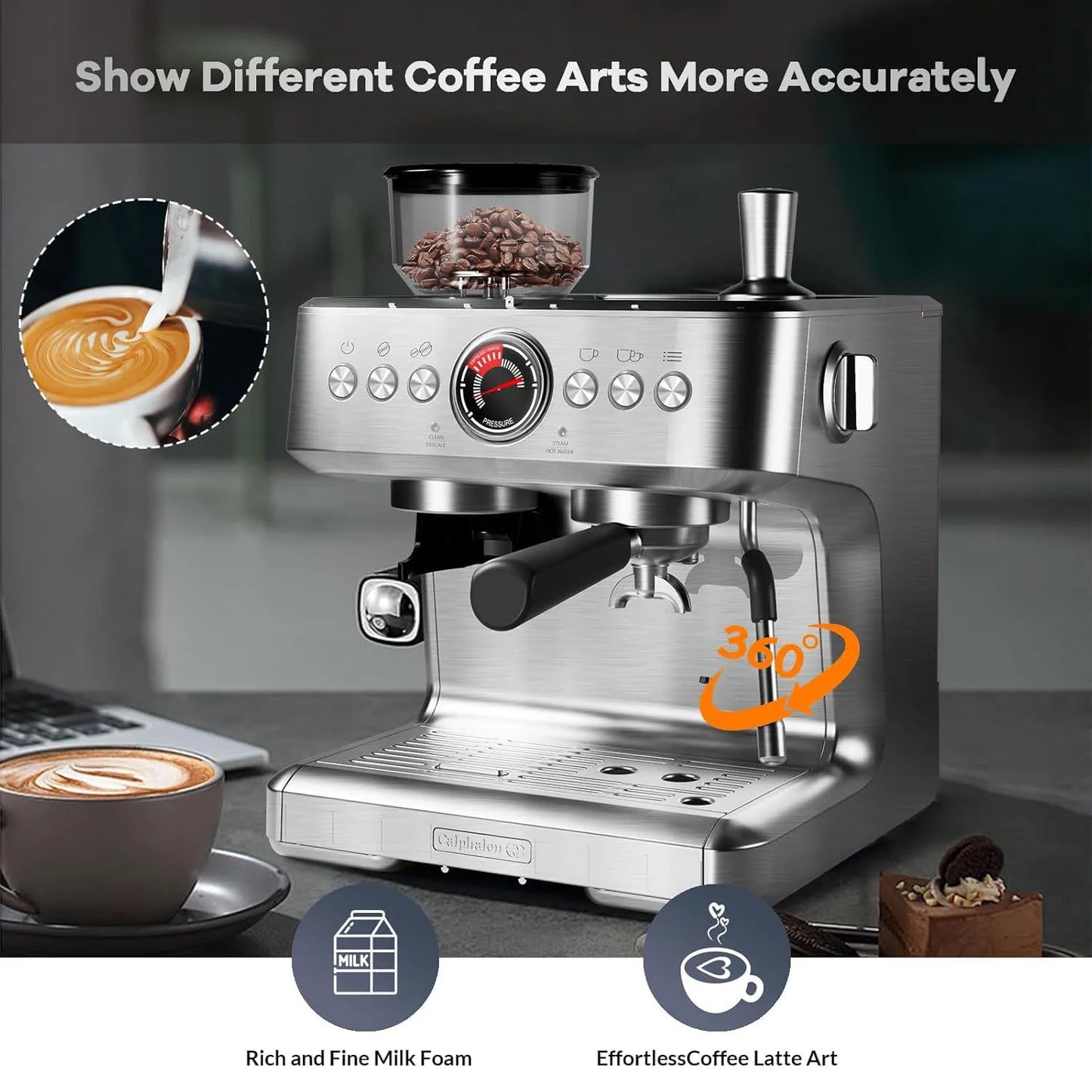 Acekool Espresso Maker With Milk Frother 20 Bar Pressure