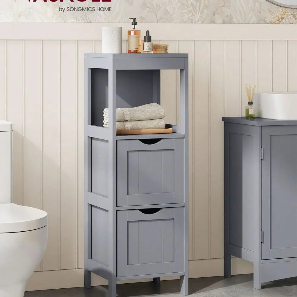 Modern Bathroom Floor Cabinet With Two Drawers And Open Shelf