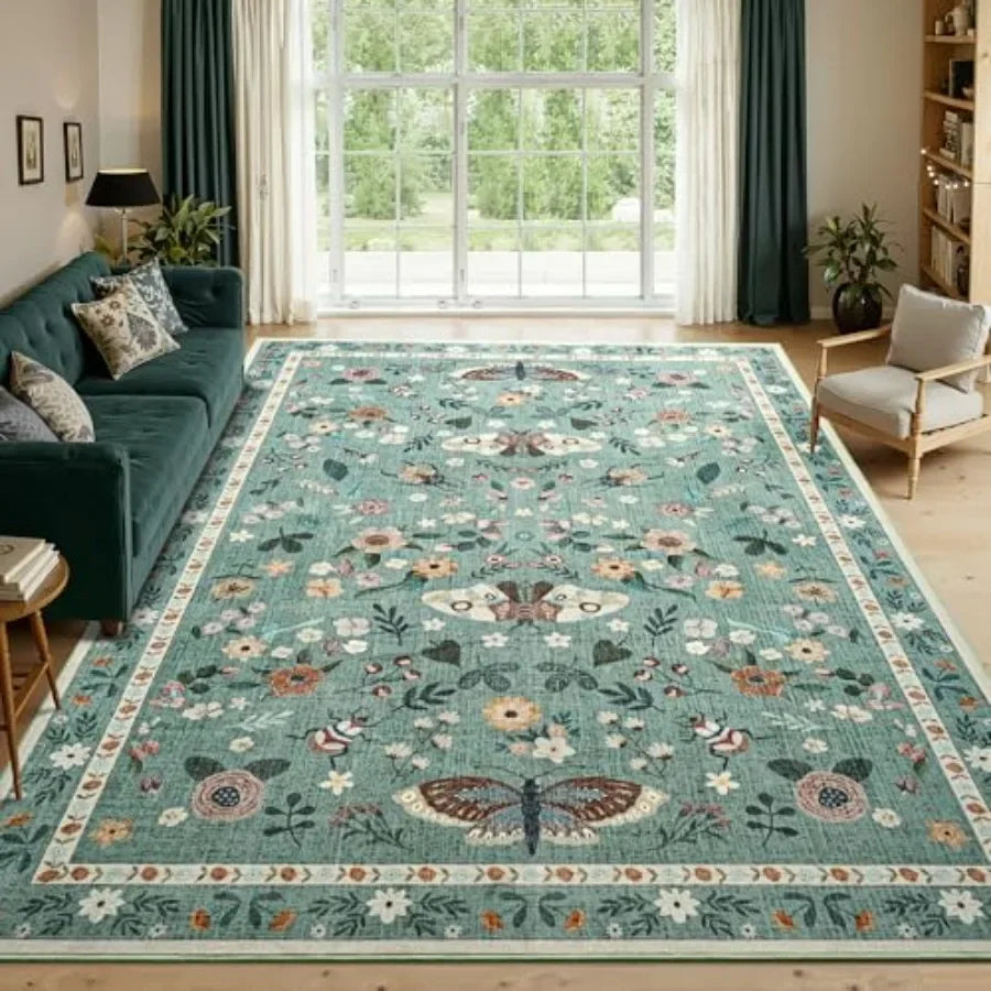 Washable Floral Butterfly Non Slip Area Rug For Living Room