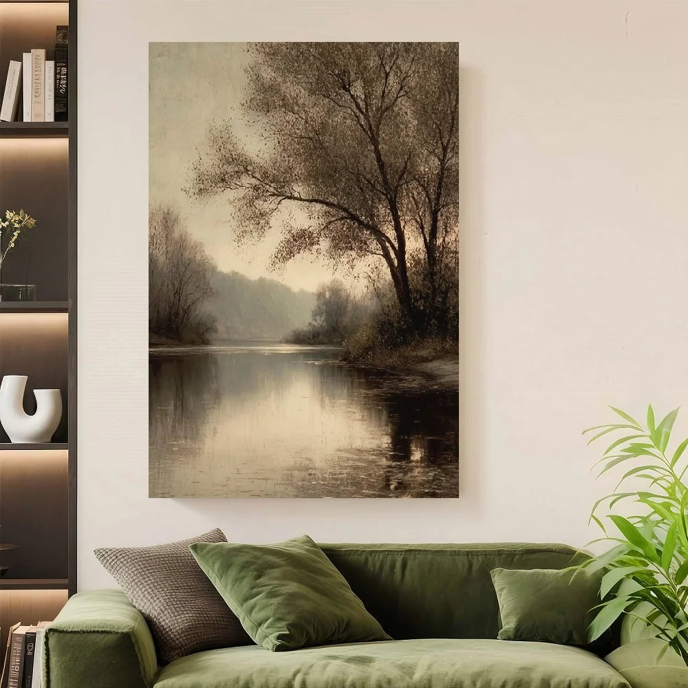 Framed Vintage Moody River Tree Landscape Canvas Wall Art