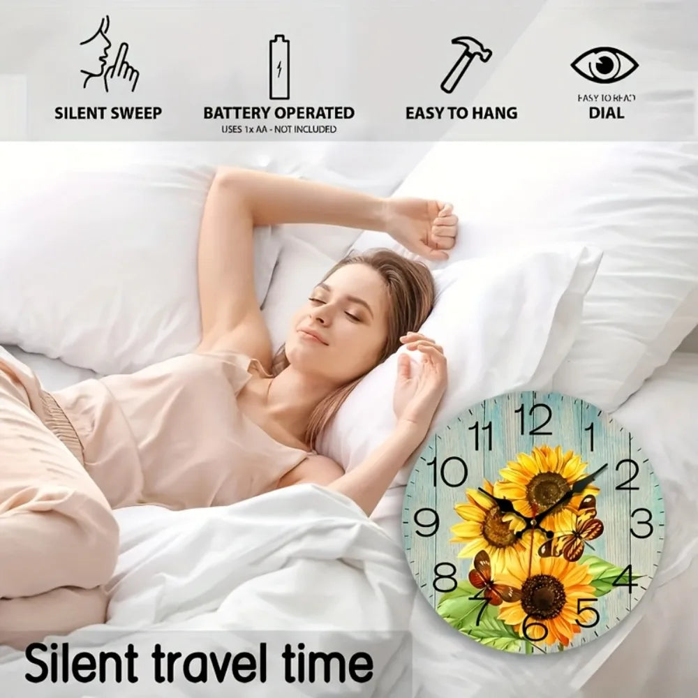 JFHT Wood Sunflower And Butterfly Decorative Silent Wall Clock