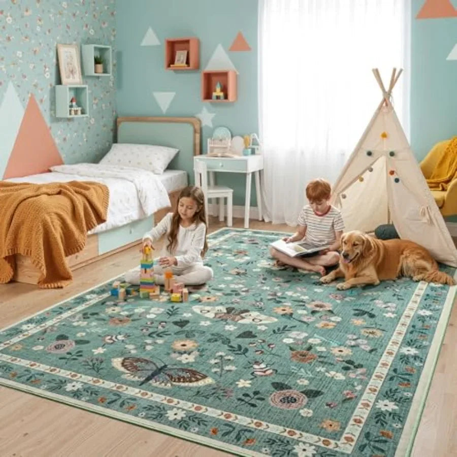 Washable Floral Butterfly Non Slip Area Rug For Living Room