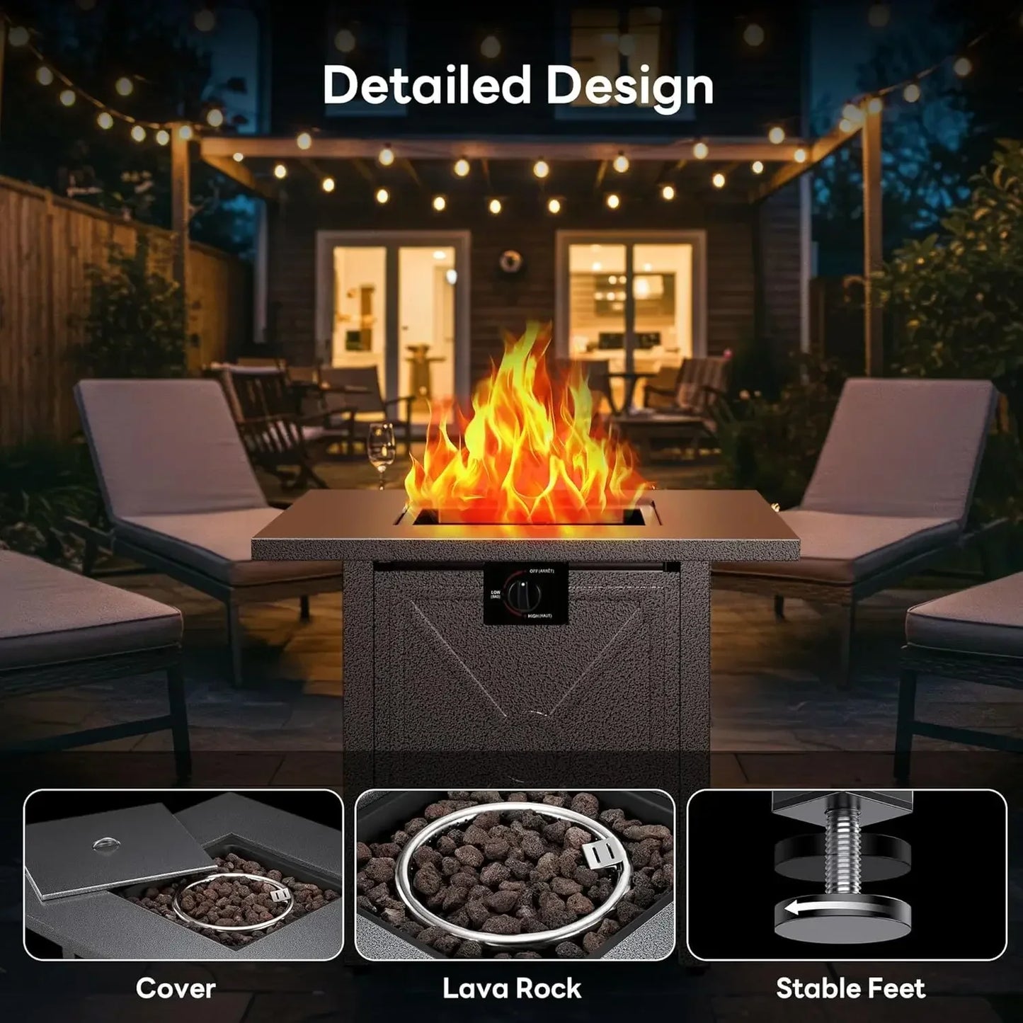 Propane Fire Pit Table 50,000 BTU With Lid Lava Rock
