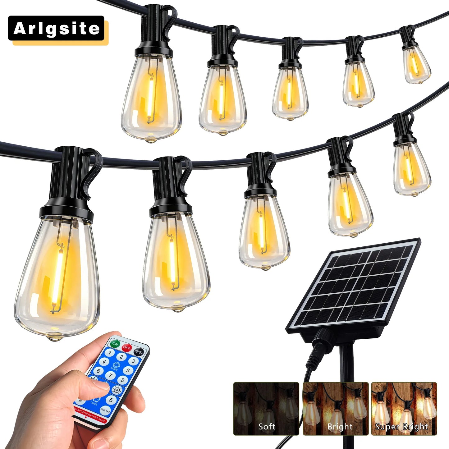ARLGSITE Solar Outdoor String Lights IP65 Waterproof With Remote Dimming