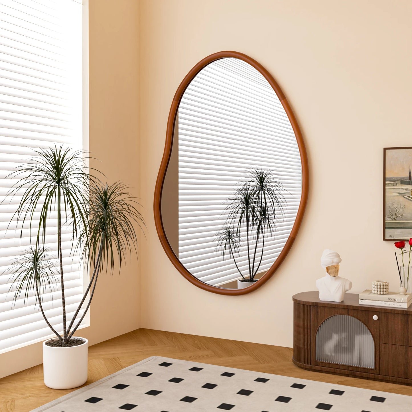 Mid Century Asymmetrical Wood Frame Wall Mirror Decorative For Entryway