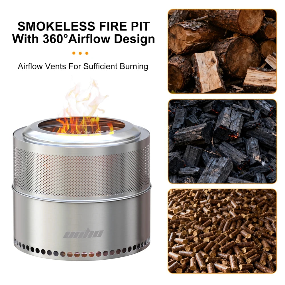 Unho Portable Smokeless Fire Pit Stainless Steel Outdoor Wood Burner