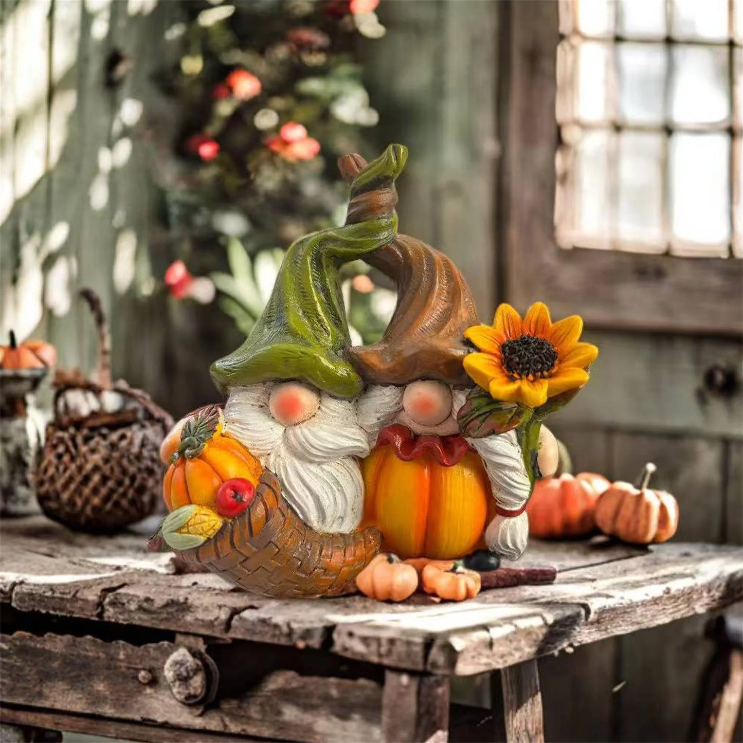 Autumn Harvest Gnome Figurines With Sunflower And Pumpkin Accents