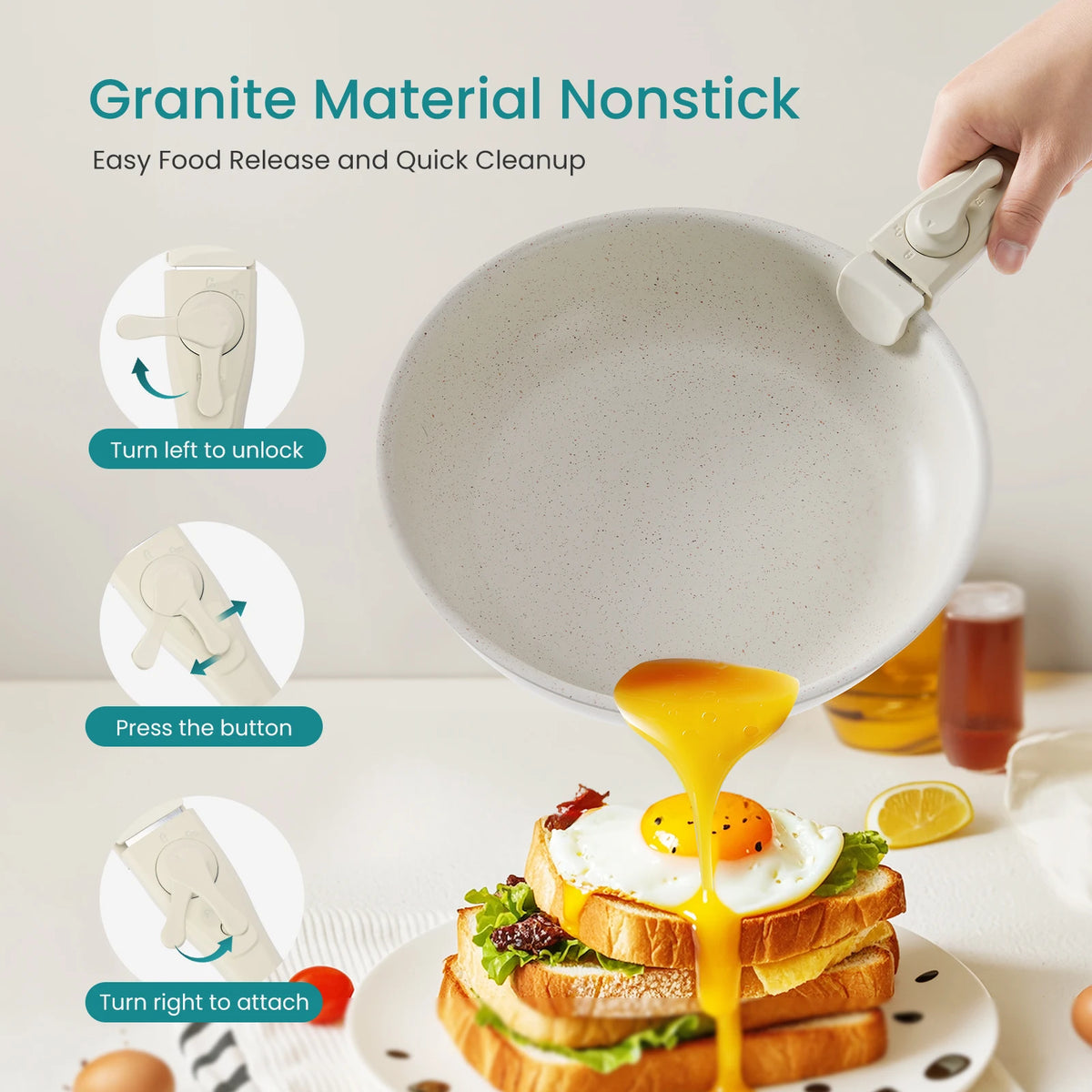 Nonstick Granite Cookware Set With Detachable Handles And Glass Lids