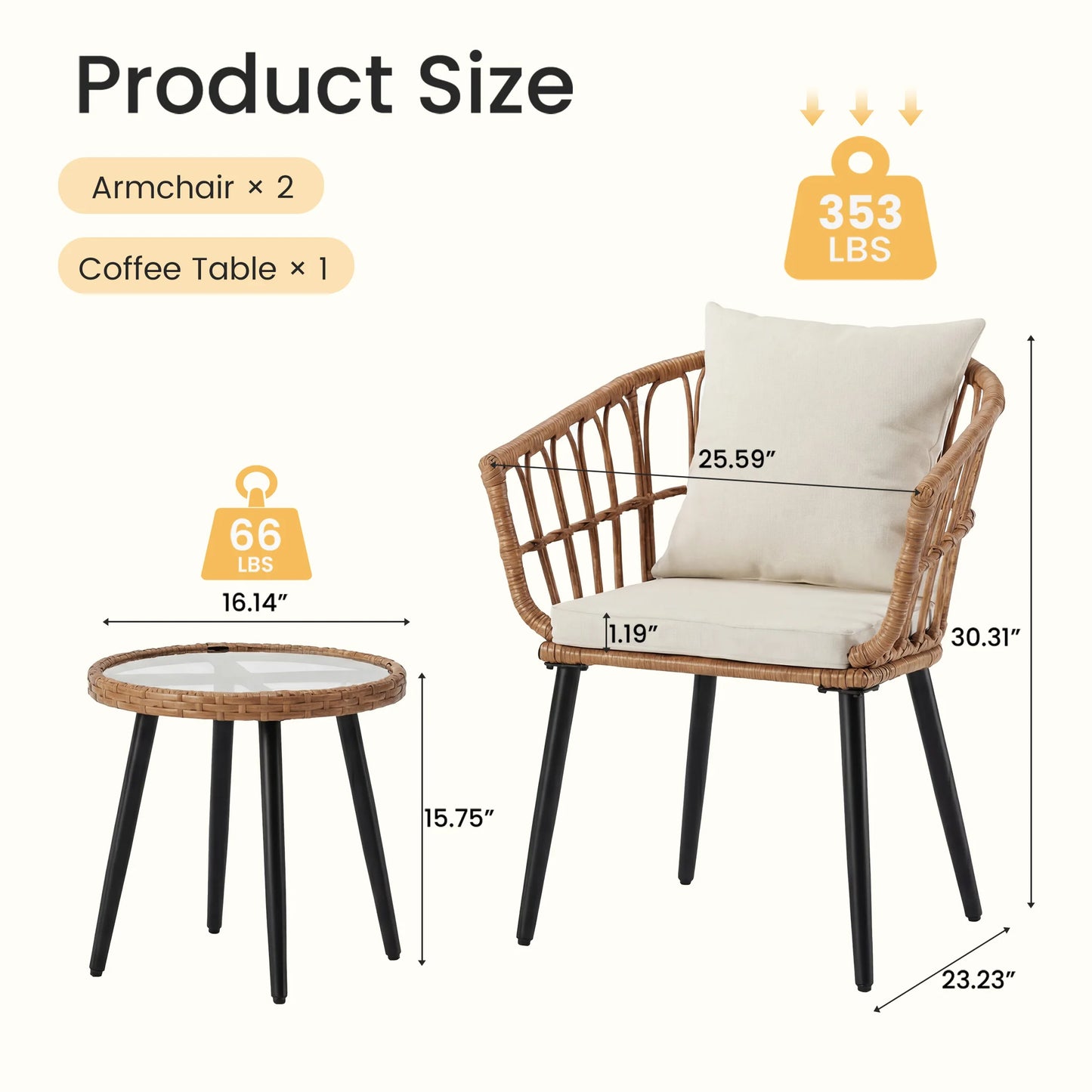 JHK Wicker Outdoor Patio Set With Cushions And Glass Table