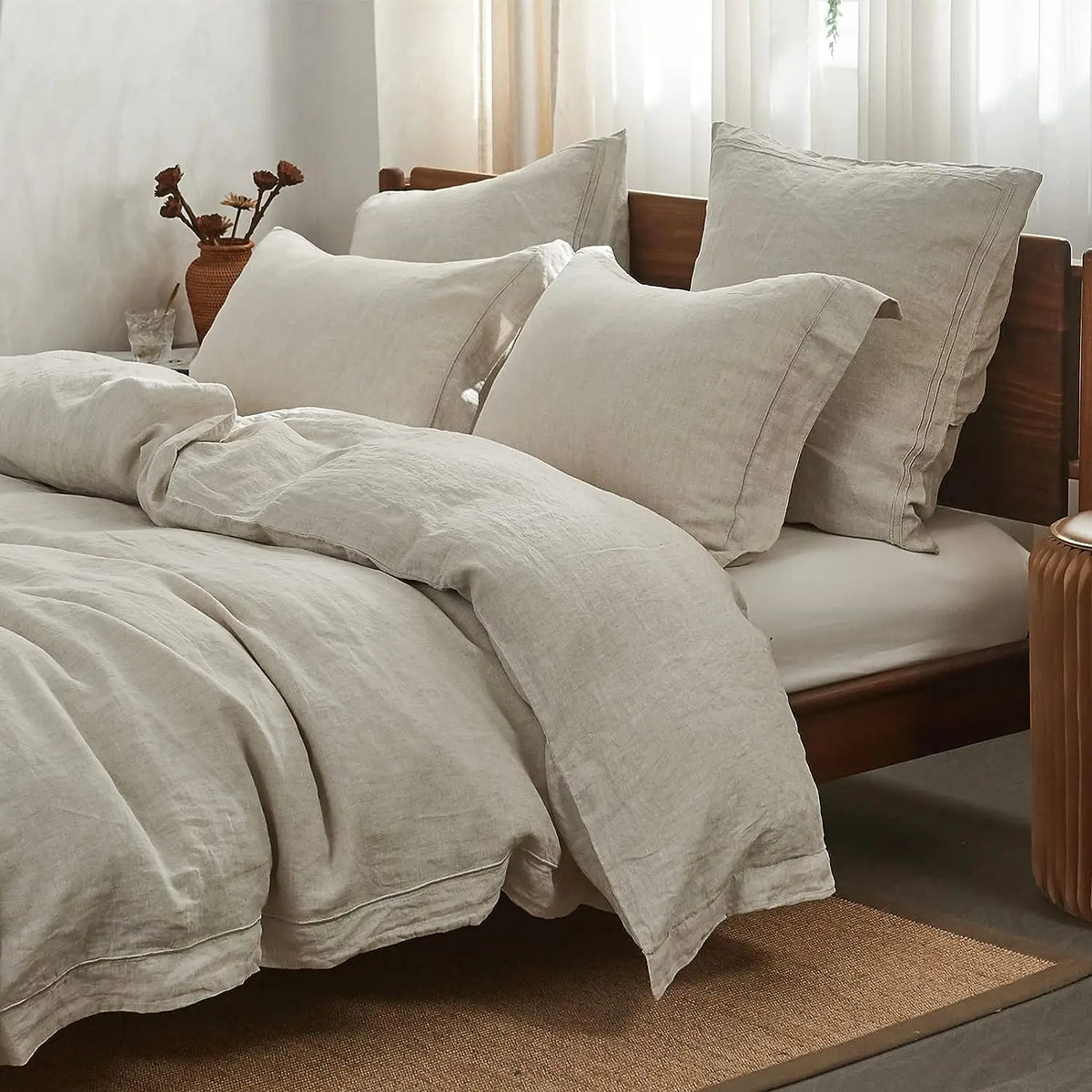 Simple&Opulence Linen Bedding Set With Embroidered Border And Duvet Cover
