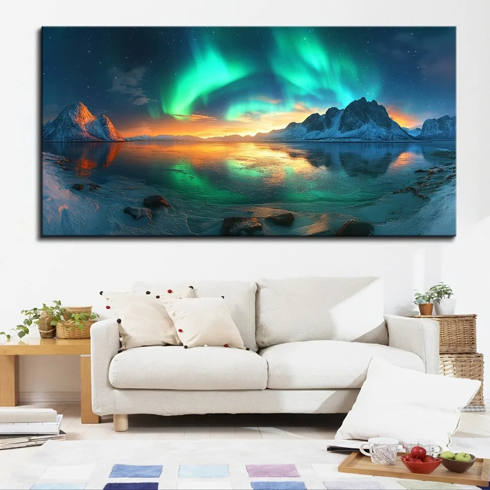 Pine Frame Snow Mountain Aurora Landscape Painting Home Decor
